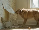 Собака дерет обои