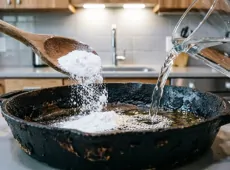 3 столовые ложки и стакан воды - каменный нагар со сковородки исчезает без следа - копеечный трюк из ресторана