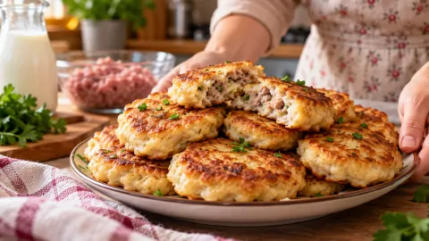 Беру 1 стакан кефира и 1 стакан фарша – и на столе целая гора оладушек: по вкусу получаются сочными, как ленивые беляши