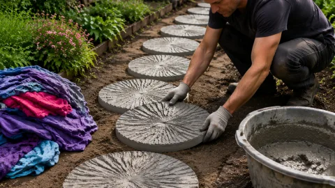 Старые футболки не выбрасываю — заливаю их цементом: получаются просто роскошные садовые дорожки