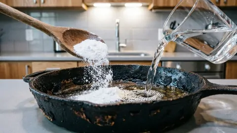 3 столовые ложки и стакан воды - каменный нагар со сковородки исчезает без следа - копеечный трюк из ресторана