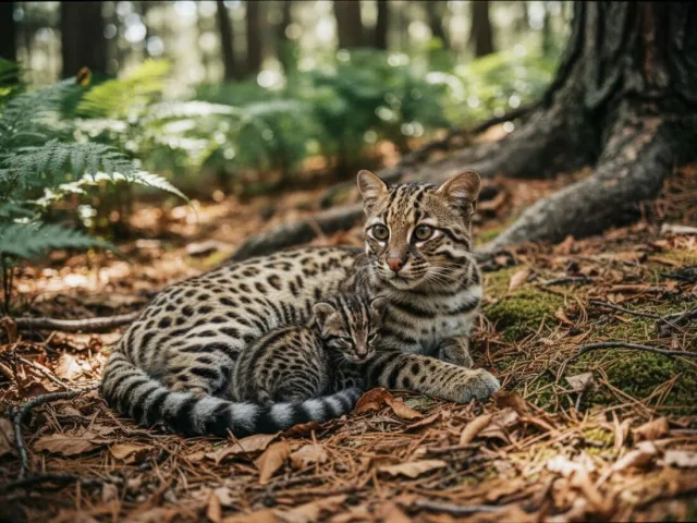 Амурская кошка охраняет своих котят