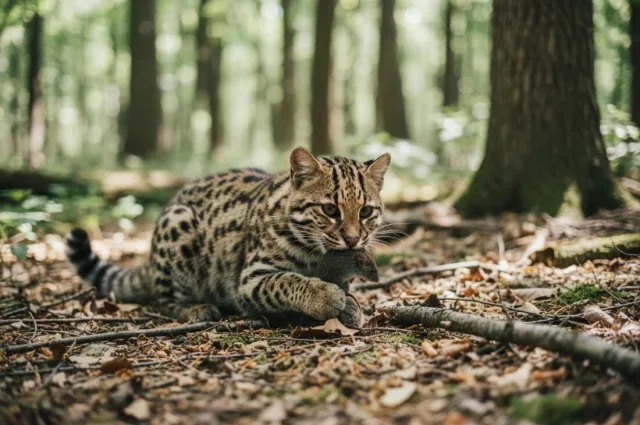 Амурский кот с добычей