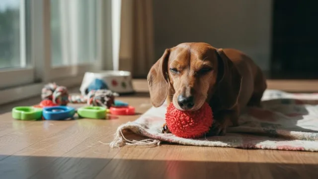 Такса с любимой игрушкой