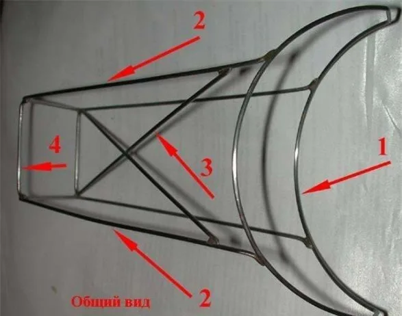 1 – дуги для головы, 2 – место для подклейки ушей, 3 – рёбра жёсткости, 4 – перемычка сверху