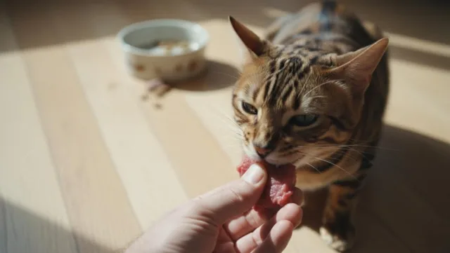 Бенгальский кот ест мясо