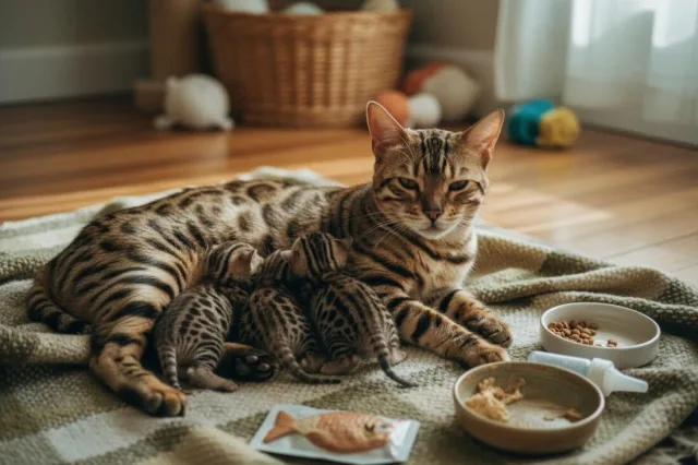 Кошка кормит совсем маленьких бенгалов