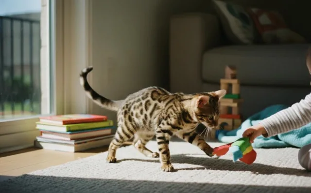 Кот играет с маленьким ребенком