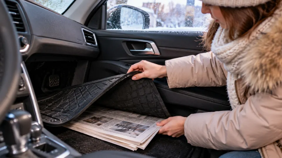 С первыми морозами прячу под автомобильный коврик газету: хитрый трюк, чтобы стекла зимой не замерзали изнутри