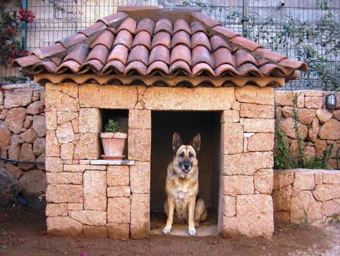 Взрослый пес в конуре, стилизованной под настоящий кирпичный дом с черепичной крышей
